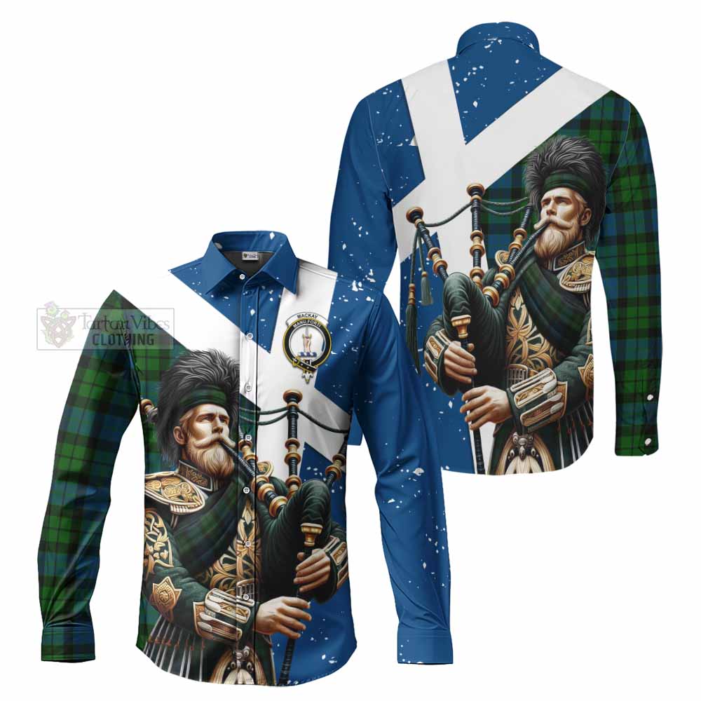 Tartan Vibes Clothing MacKay (McKay) Tartan Long Sleeve Button Shirt with Family Crest Scottish Bagpiper Vibes