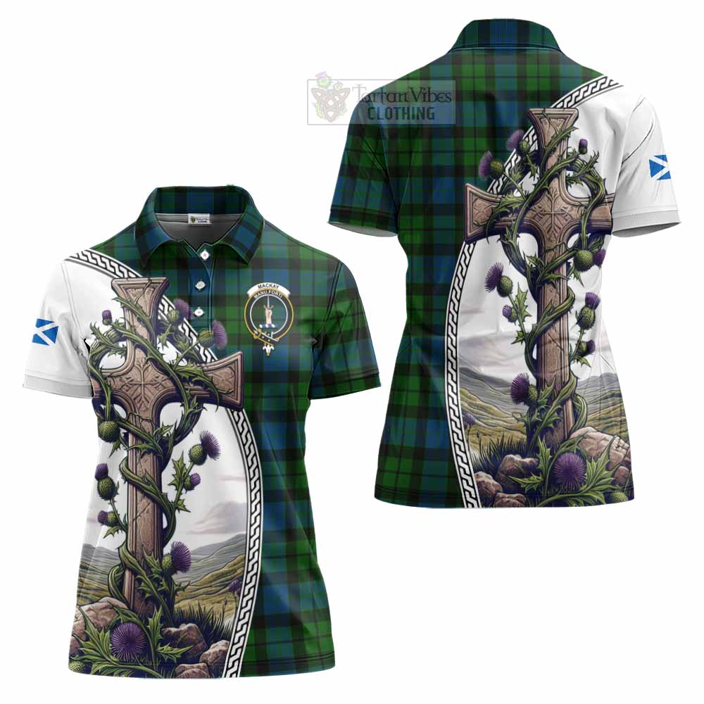 Tartan Vibes Clothing MacKay (McKay) Tartan Women's Polo Shirt with Family Crest and St. Andrew's Cross Accented by Thistle Vines