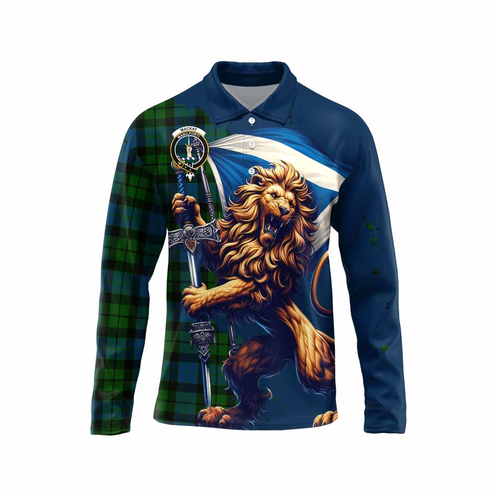 Tartan Vibes Clothing MacKay (McKay) Tartan Family Crest Long Sleeve Polo Shirt with Scottish Majestic Lion