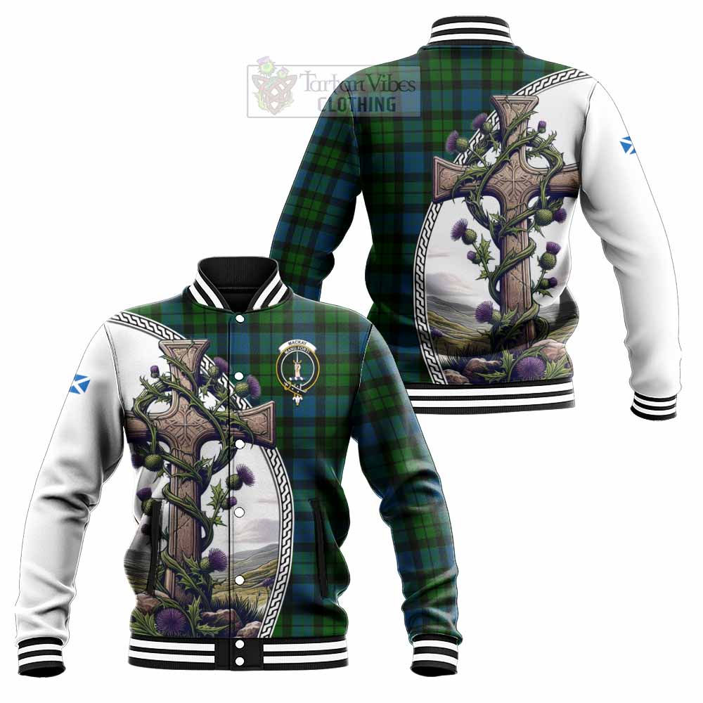 MacKay (McKay) Tartan Baseball Jacket with Family Crest and St. Andrew's Cross Accented by Thistle Vines Unisex - Tartan Vibes Clothing