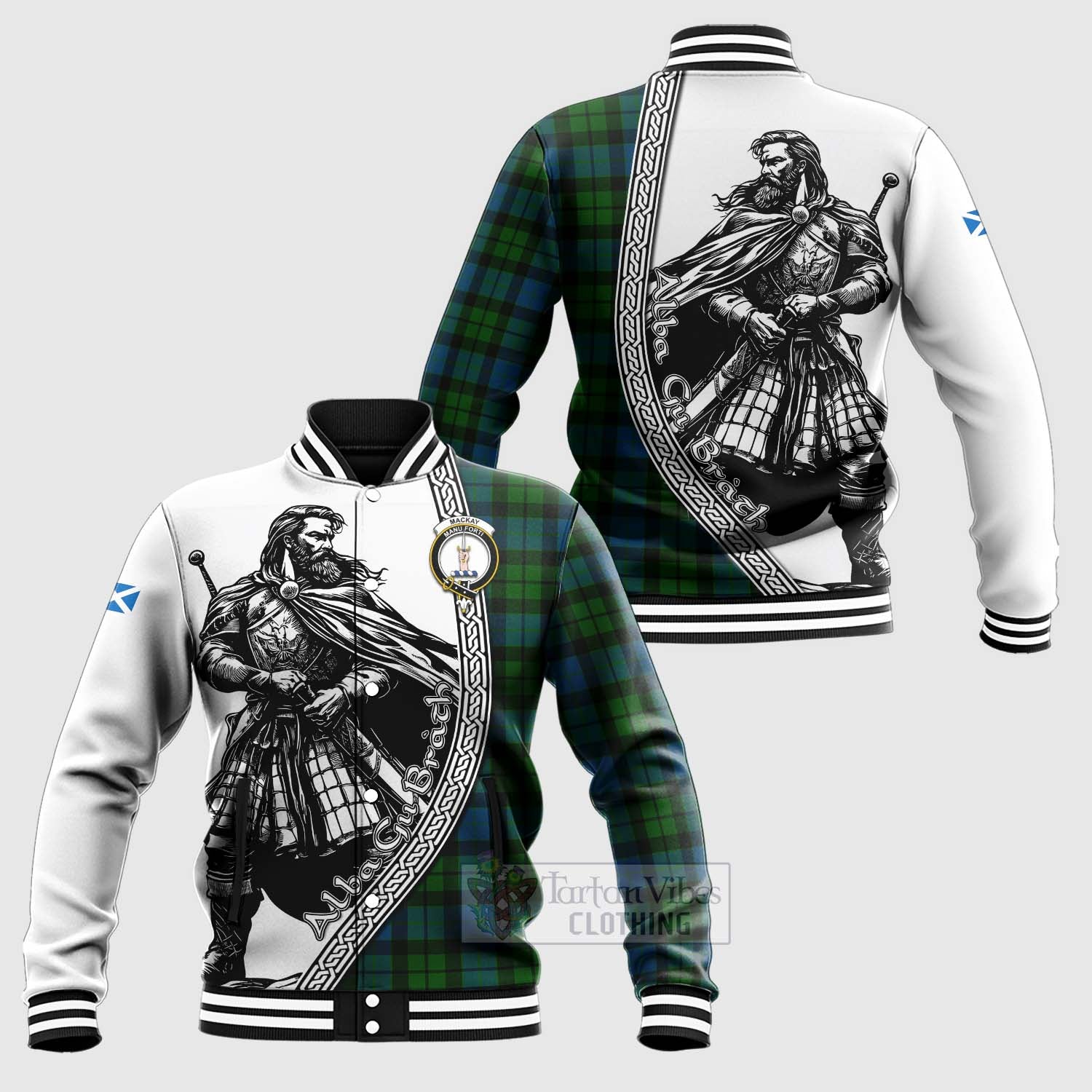 Tartan Vibes Clothing MacKay (McKay) Tartan Clan Crest Baseball Jacket with Highlander Warrior Celtic Style