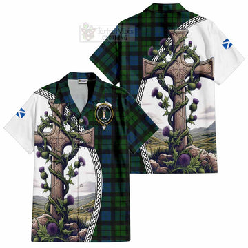 MacKay (McKay) Tartan Short Sleeve Button Shirt with Family Crest and St. Andrew's Cross Accented by Thistle Vines