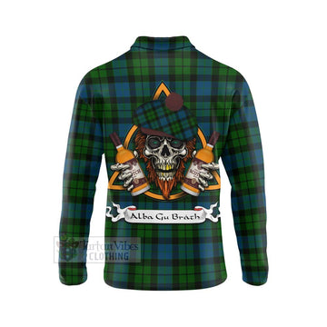 MacKay (McKay) Tartan Long Sleeve Polo Shirt with Family Crest and Bearded Skull Holding Bottles of Whiskey