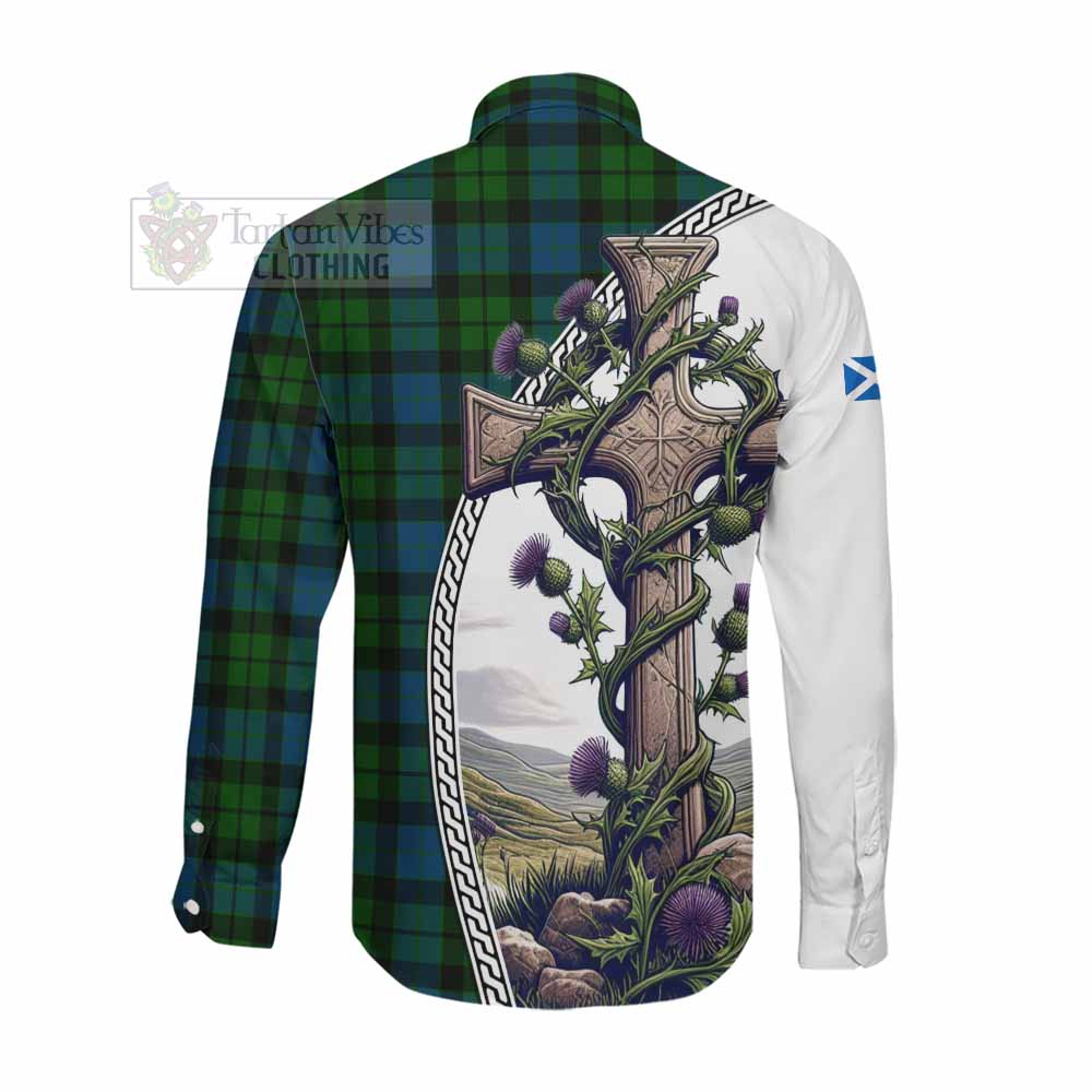 Tartan Vibes Clothing MacKay (McKay) Tartan Long Sleeve Button Shirt with Family Crest and St. Andrew's Cross Accented by Thistle Vines