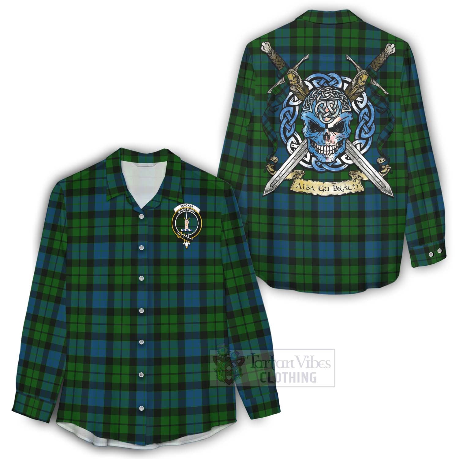 Tartan Vibes Clothing MacKay (McKay) Tartan Women's Casual Shirt with Family Crest Celtic Skull Style