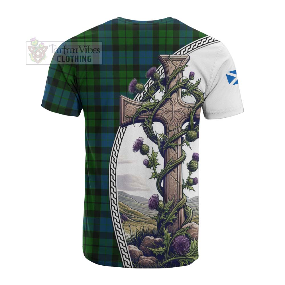 Tartan Vibes Clothing MacKay (McKay) Tartan Cotton T-shirt with Family Crest and St. Andrew's Cross Accented by Thistle Vines