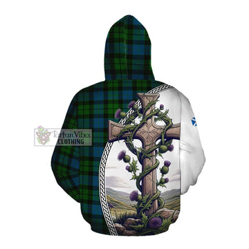 MacKay (McKay) Tartan Cotton Hoodie with Family Crest and St. Andrew's Cross Accented by Thistle Vines