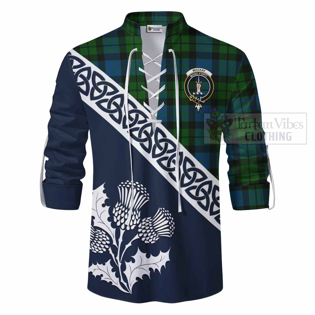 Tartan Vibes Clothing MacKay (McKay) Tartan Ghillie Kilt Shirt Featuring Thistle and Scotland Map