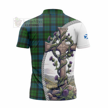 MacKay (McKay) Tartan Zipper Polo Shirt with Family Crest and St. Andrew's Cross Accented by Thistle Vines