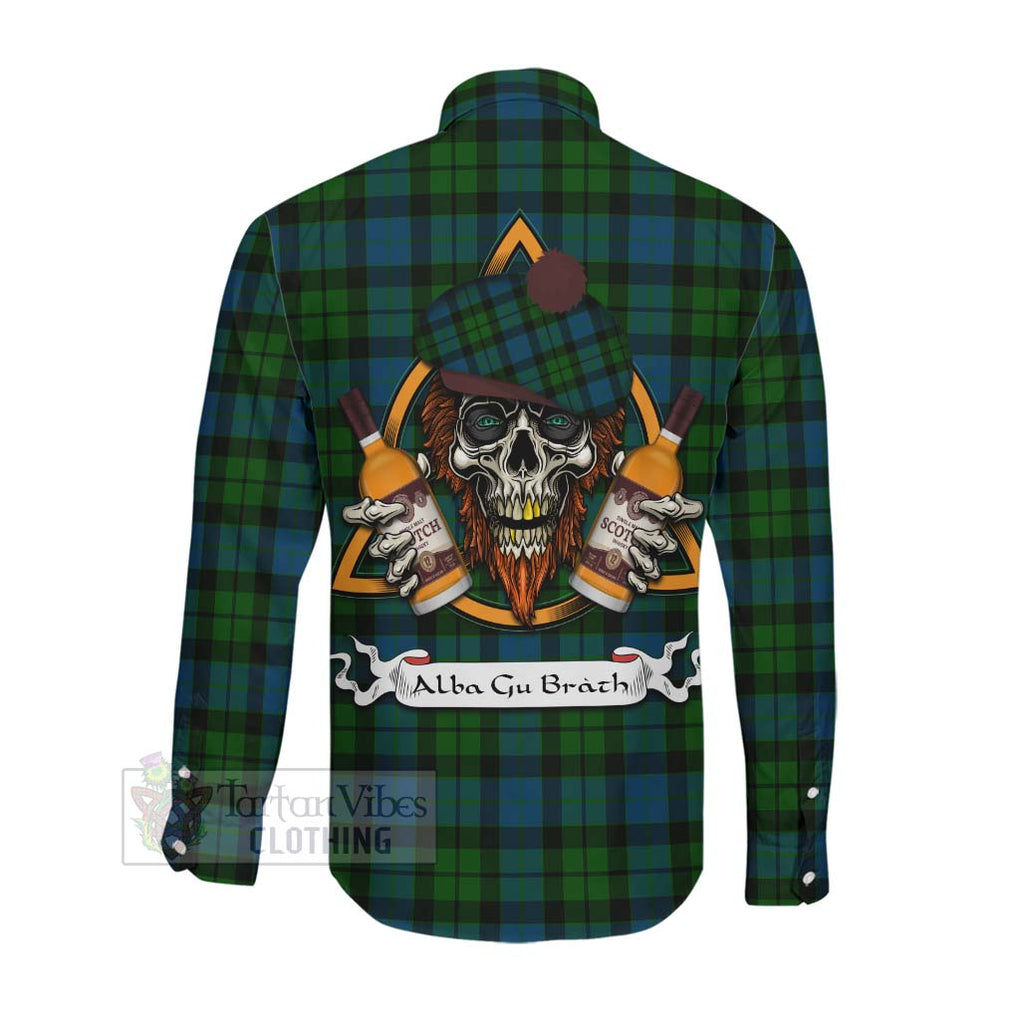 Tartan Vibes Clothing MacKay (McKay) Tartan Long Sleeve Button Shirt with Family Crest and Bearded Skull Holding Bottles of Whiskey