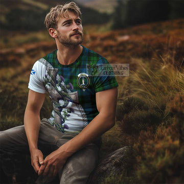 MacKay (McKay) Tartan T-Shirt with Family Crest and St. Andrew's Cross Accented by Thistle Vines