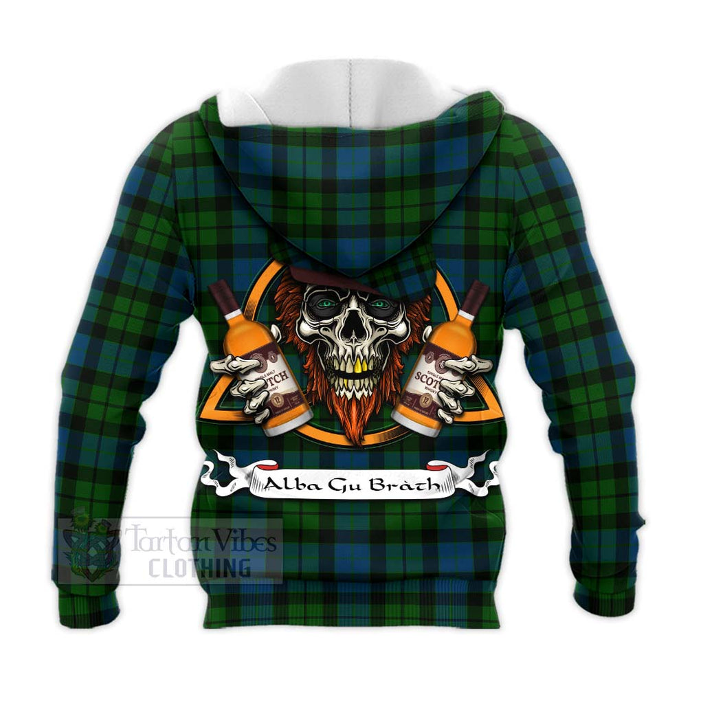 Tartan Vibes Clothing MacKay (McKay) Tartan Knitted Hoodie with Family Crest and Bearded Skull Holding Bottles of Whiskey