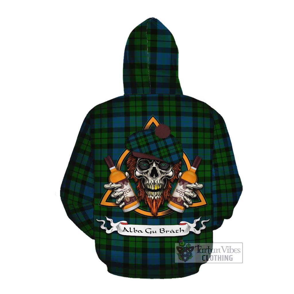 Tartan Vibes Clothing MacKay (McKay) Tartan Cotton Hoodie with Family Crest and Bearded Skull Holding Bottles of Whiskey