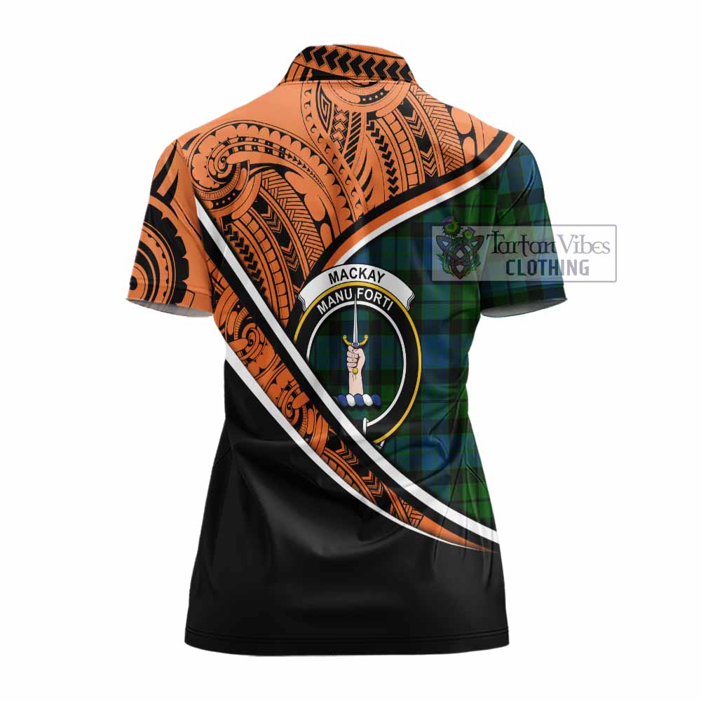 Tartan Vibes Clothing MacKay (McKay) Crest Tartan Women's Polo Shirt with Maori Tattoo Style - Orange Version