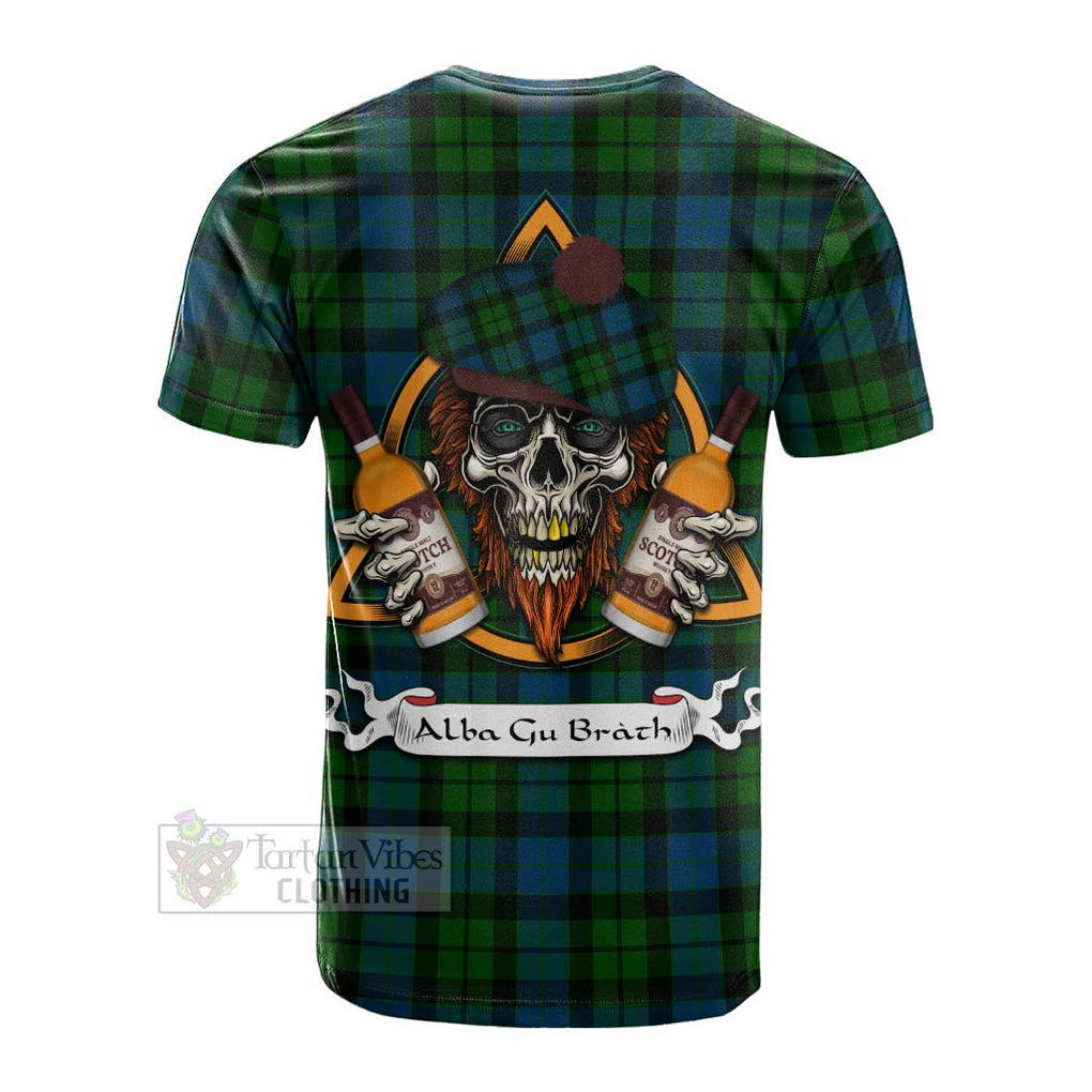 Tartan Vibes Clothing MacKay (McKay) Tartan Cotton T-shirt with Family Crest and Bearded Skull Holding Bottles of Whiskey