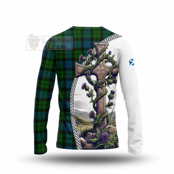 MacKay (McKay) Tartan Long Sleeve T-Shirt with Family Crest and St. Andrew's Cross Accented by Thistle Vines