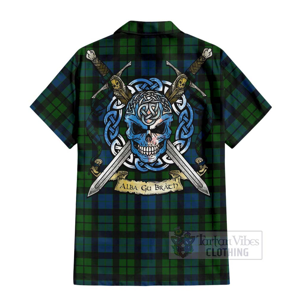 Tartan Vibes Clothing MacKay (McKay) Tartan Short Sleeve Button Shirt with Family Crest Celtic Skull Style