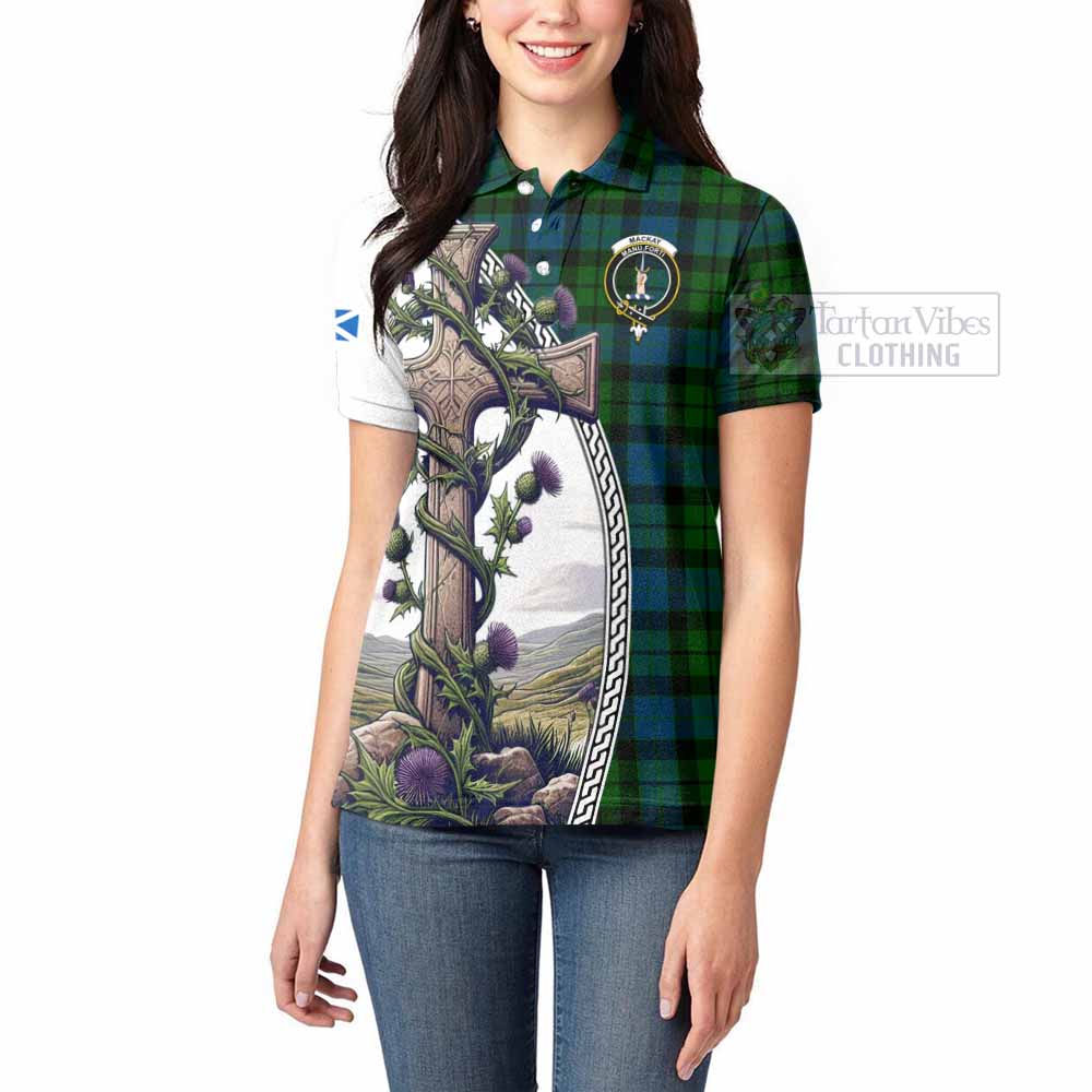 Tartan Vibes Clothing MacKay (McKay) Tartan Women's Polo Shirt with Family Crest and St. Andrew's Cross Accented by Thistle Vines