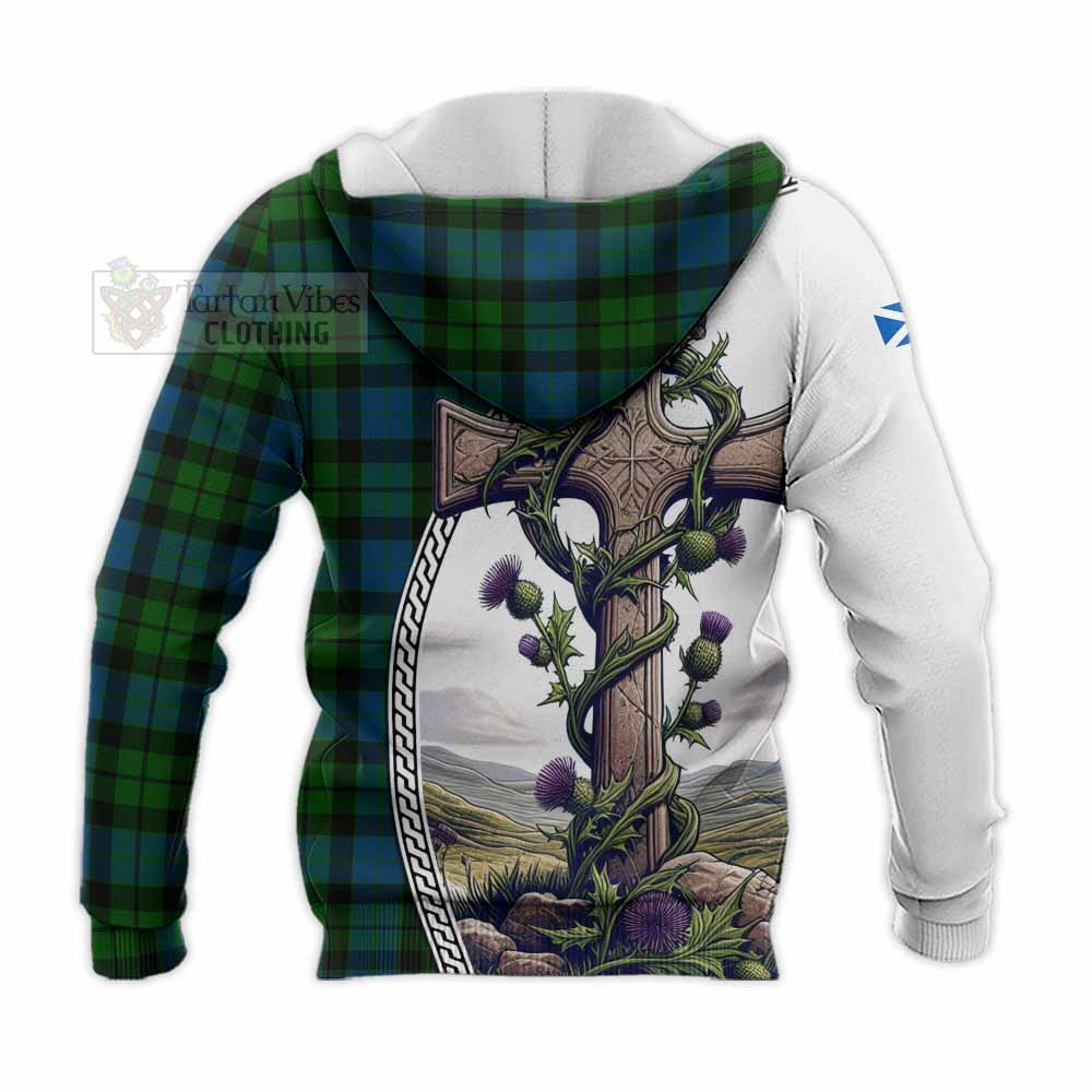 Tartan Vibes Clothing MacKay (McKay) Tartan Knitted Hoodie with Family Crest and St. Andrew's Cross Accented by Thistle Vines