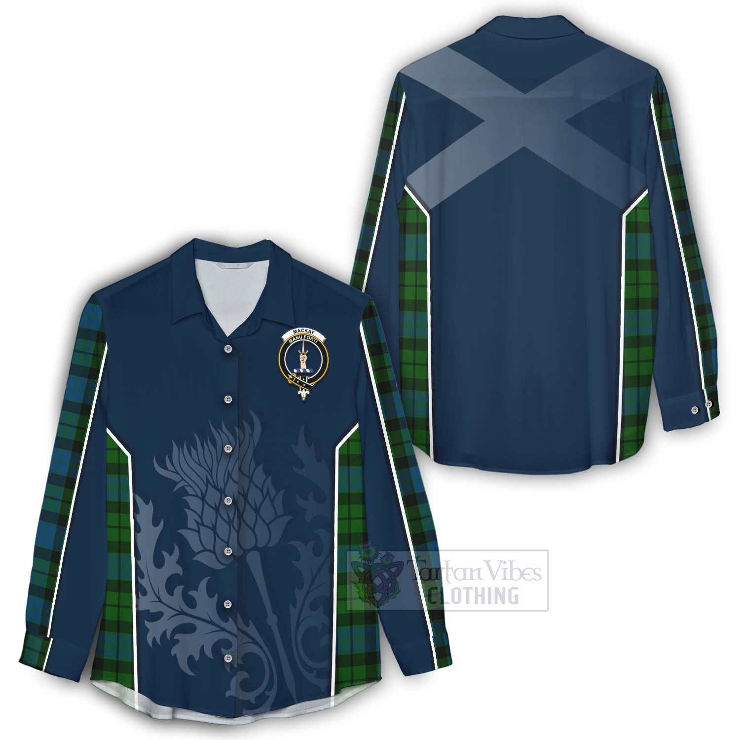 Tartan Vibes Clothing MacKay (McKay) Tartan Women's Casual Shirt with Family Crest and Scottish Thistle Vibes Sport Style