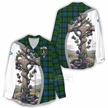 MacKay (McKay) Tartan Women's Casual Shirt with Family Crest and St. Andrew's Cross Accented by Thistle Vines