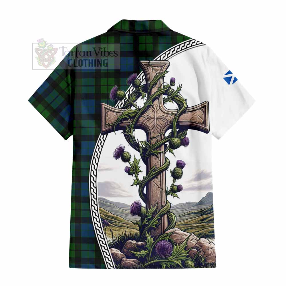 Tartan Vibes Clothing MacKay (McKay) Tartan Short Sleeve Button Shirt with Family Crest and St. Andrew's Cross Accented by Thistle Vines