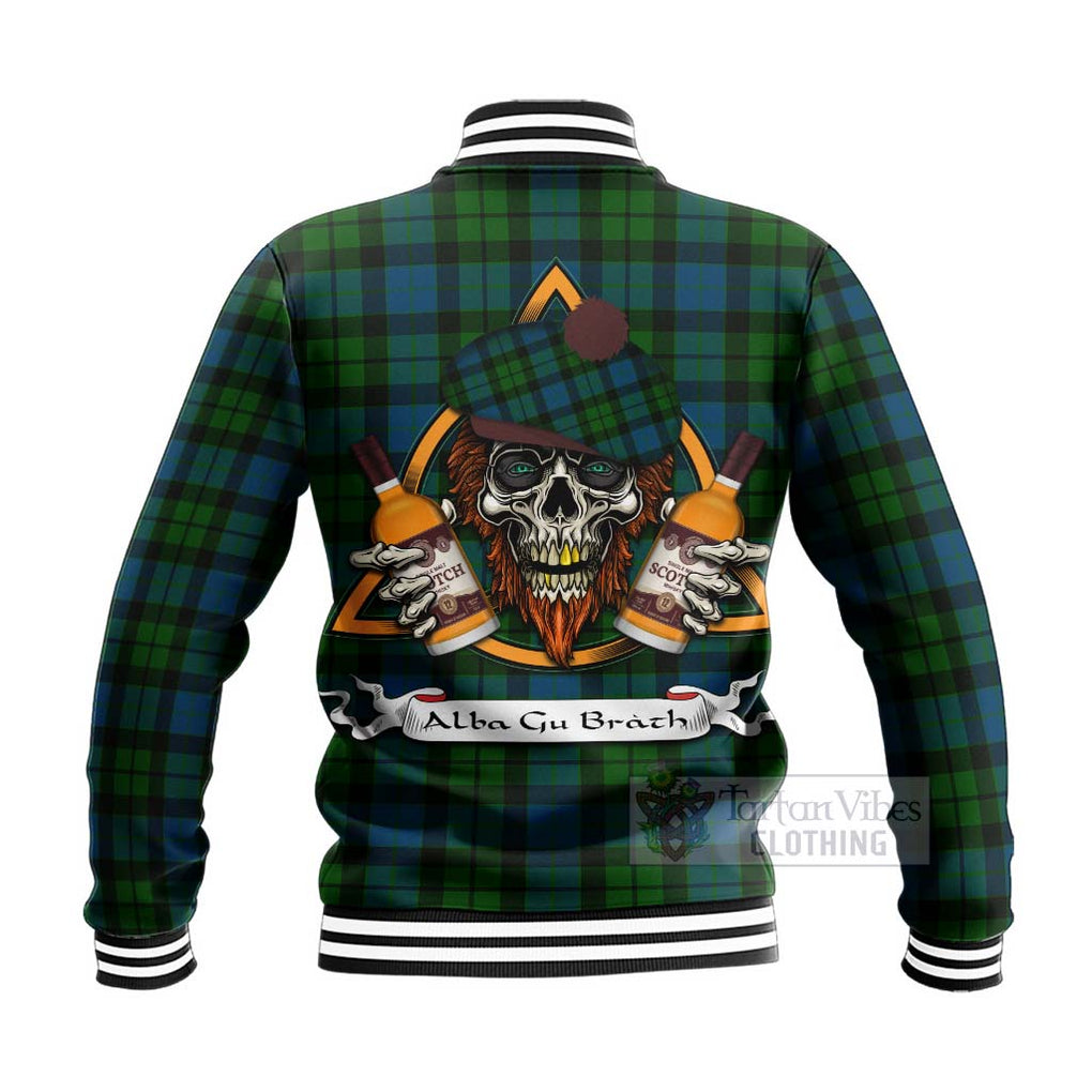 Tartan Vibes Clothing MacKay (McKay) Tartan Baseball Jacket with Family Crest and Bearded Skull Holding Bottles of Whiskey