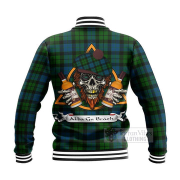 MacKay (McKay) Tartan Baseball Jacket with Family Crest and Bearded Skull Holding Bottles of Whiskey