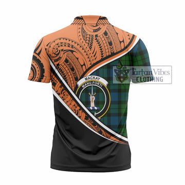 MacKay (McKay) Crest Tartan Zipper Polo Shirt with Polynesian Vibes Style - Orange Version