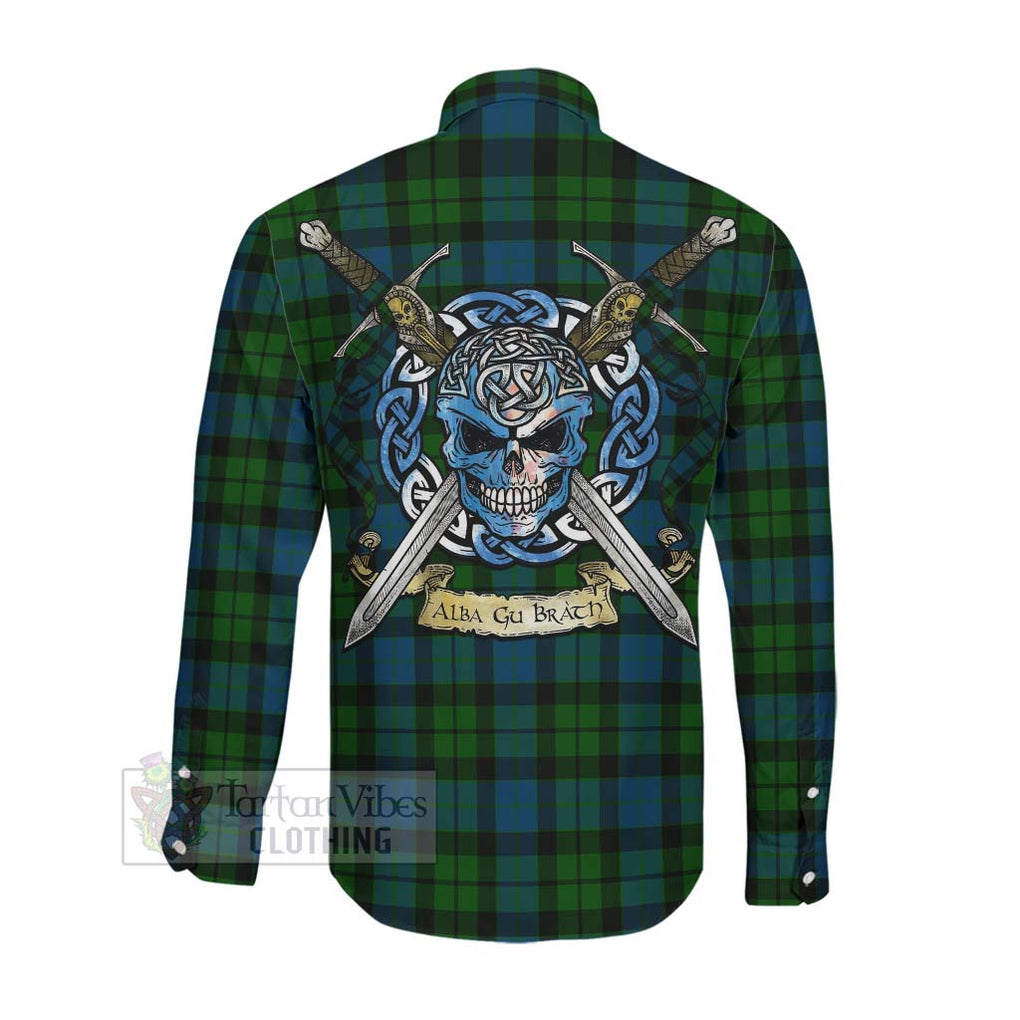 Tartan Vibes Clothing MacKay (McKay) Tartan Long Sleeve Button Shirt with Family Crest Celtic Skull Style