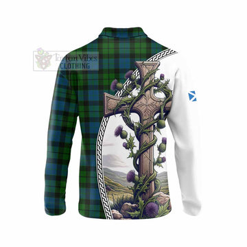 MacKay (McKay) Tartan Long Sleeve Polo Shirt with Family Crest and St. Andrew's Cross Accented by Thistle Vines