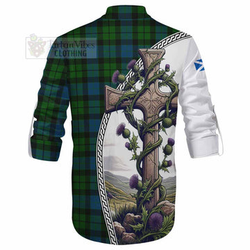 MacKay (McKay) Tartan Ghillie Kilt Shirt with Family Crest and St. Andrew's Cross Accented by Thistle Vines