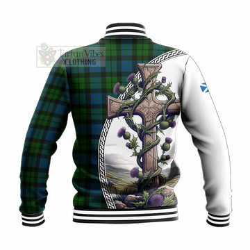 MacKay (McKay) Tartan Baseball Jacket with Family Crest and St. Andrew's Cross Accented by Thistle Vines