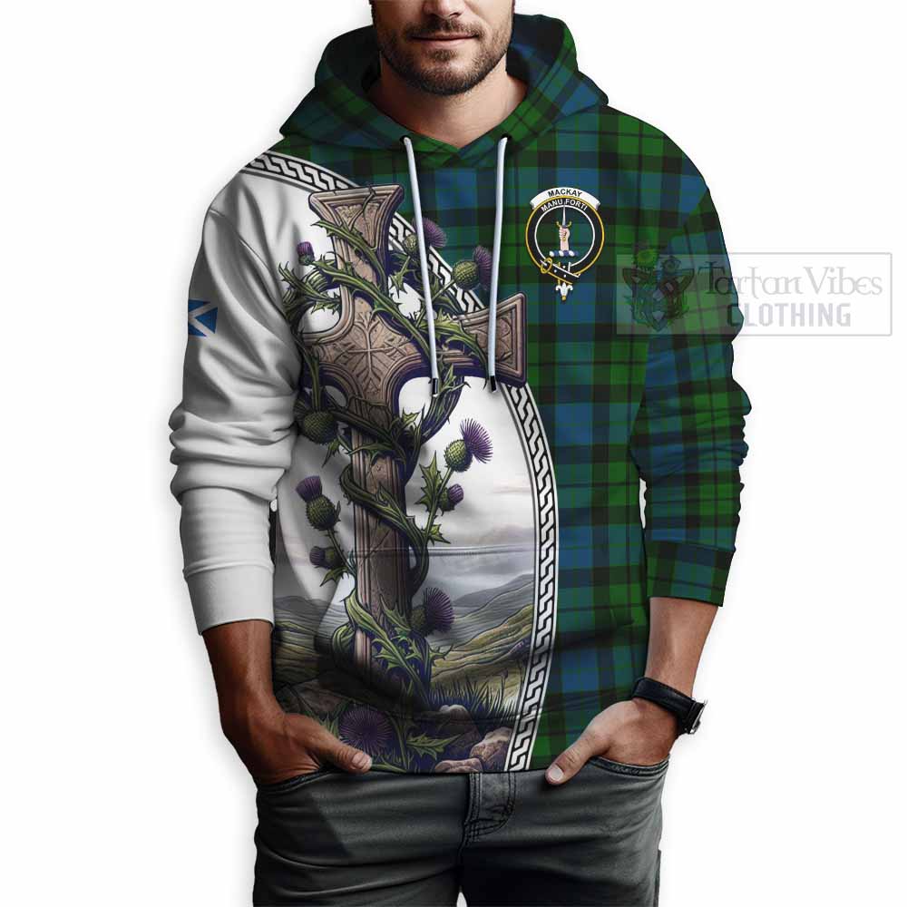 Tartan Vibes Clothing MacKay (McKay) Tartan Hoodie with Family Crest and St. Andrew's Cross Accented by Thistle Vines