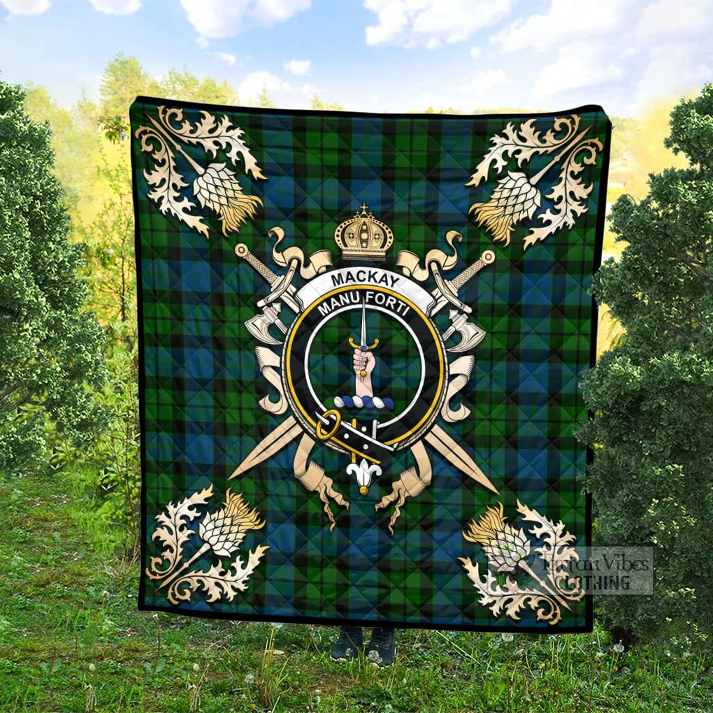 Tartan Vibes Clothing MacKay (McKay) Tartan Quilt with Family Crest and Scottish Golden Courage Shield