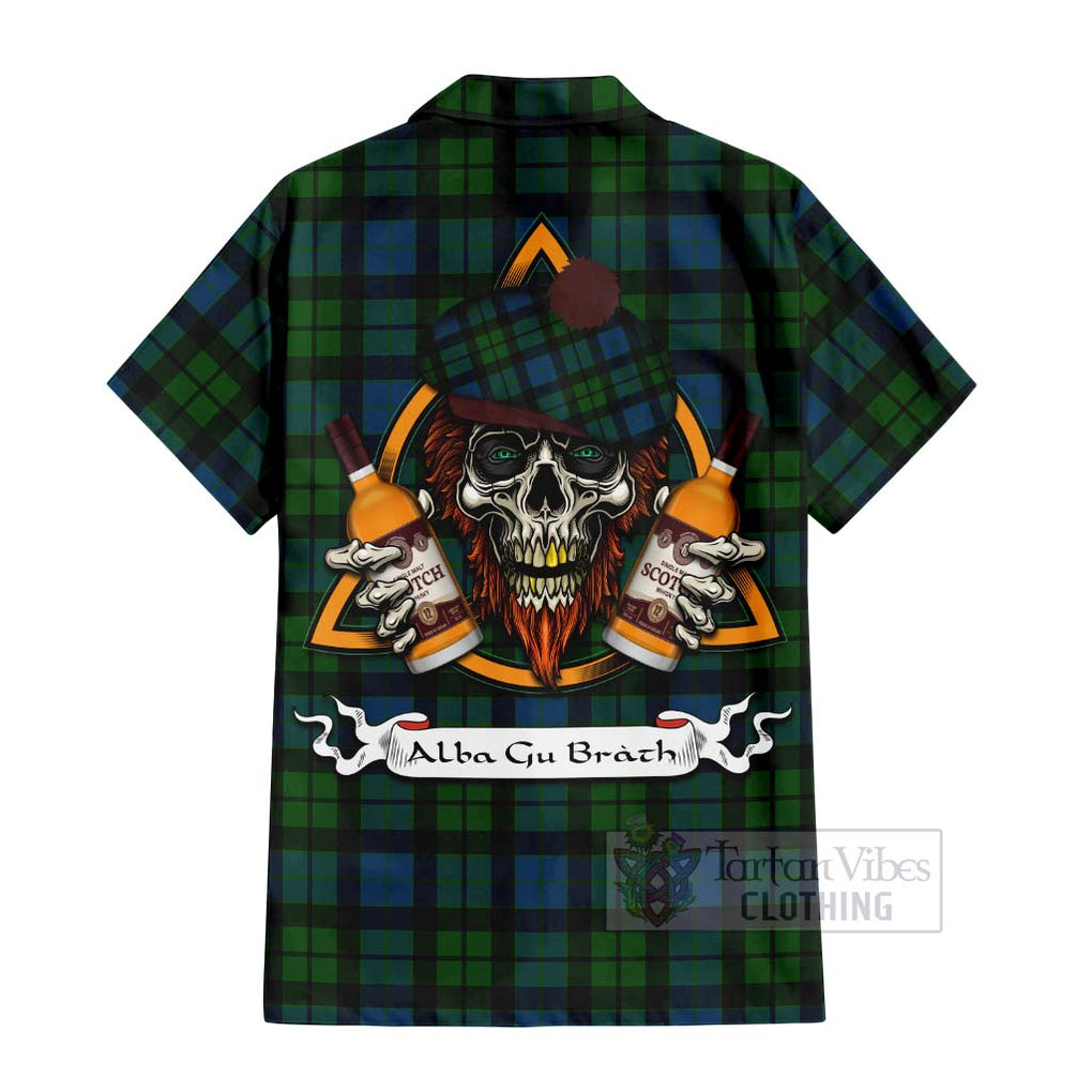 Tartan Vibes Clothing MacKay (McKay) Tartan Short Sleeve Button Shirt with Family Crest and Bearded Skull Holding Bottles of Whiskey