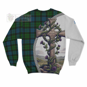 MacKay (McKay) Tartan Sweatshirt with Family Crest and St. Andrew's Cross Accented by Thistle Vines