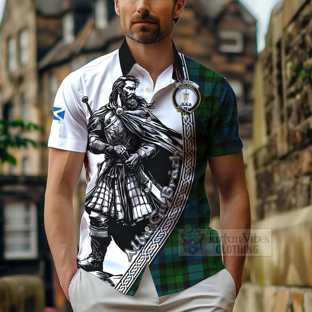 Tartan Vibes Clothing MacKay (McKay) Tartan Clan Crest Short Sleeve Button Shirt with Highlander Warrior Celtic Style