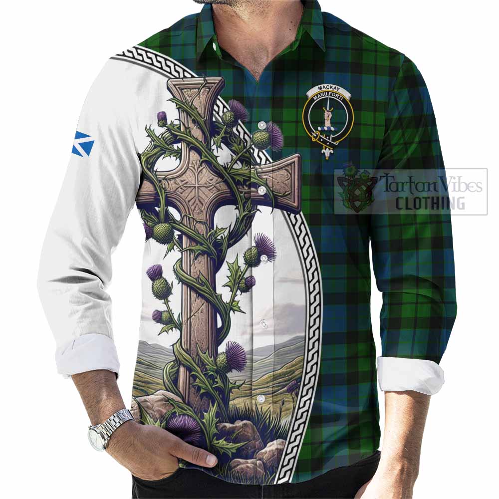 Tartan Vibes Clothing MacKay (McKay) Tartan Long Sleeve Button Shirt with Family Crest and St. Andrew's Cross Accented by Thistle Vines