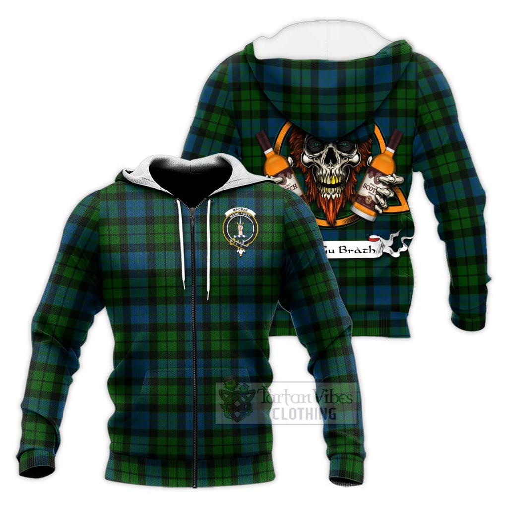 Tartan Vibes Clothing MacKay (McKay) Tartan Knitted Hoodie with Family Crest and Bearded Skull Holding Bottles of Whiskey