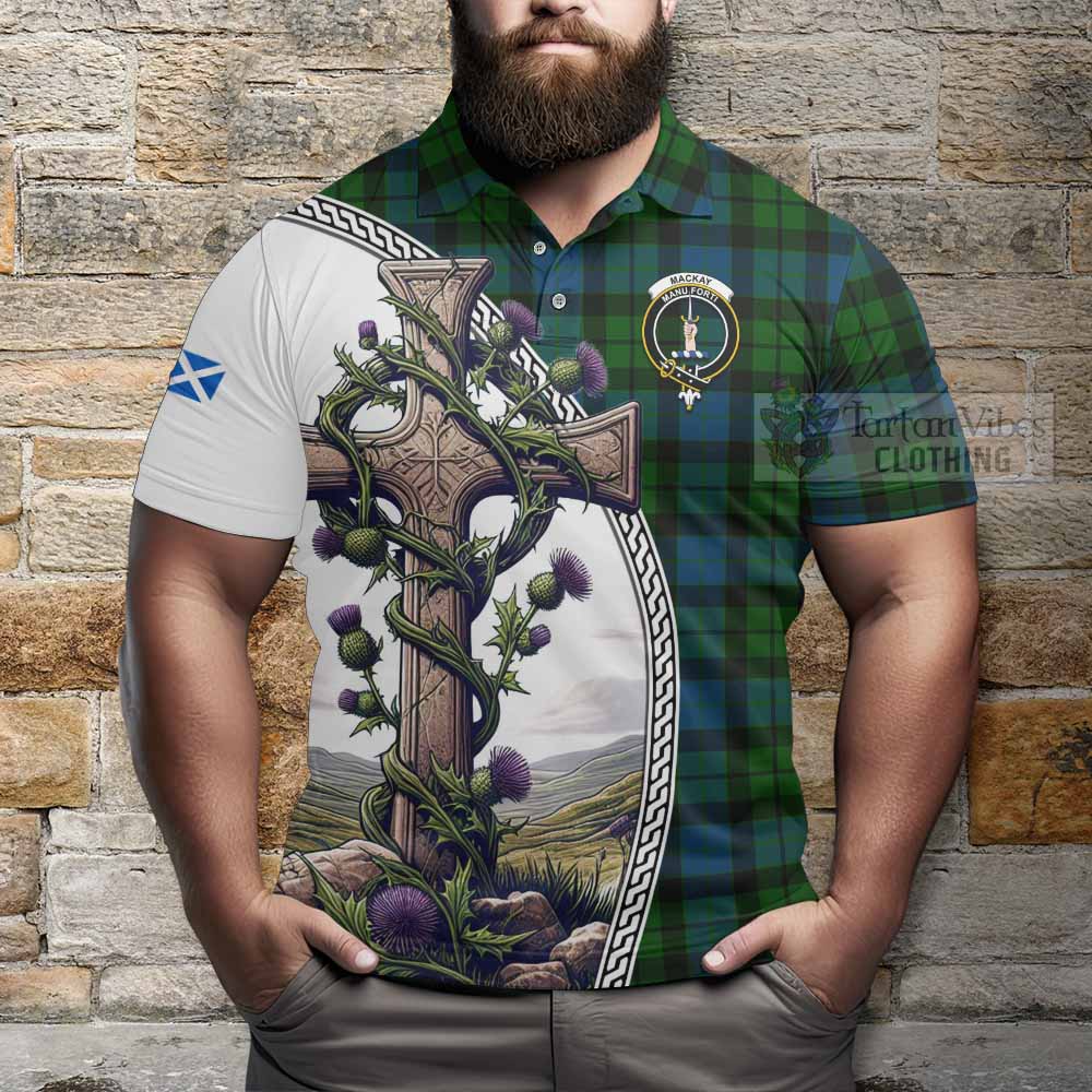 Tartan Vibes Clothing MacKay (McKay) Tartan Polo Shirt with Family Crest and St. Andrew's Cross Accented by Thistle Vines