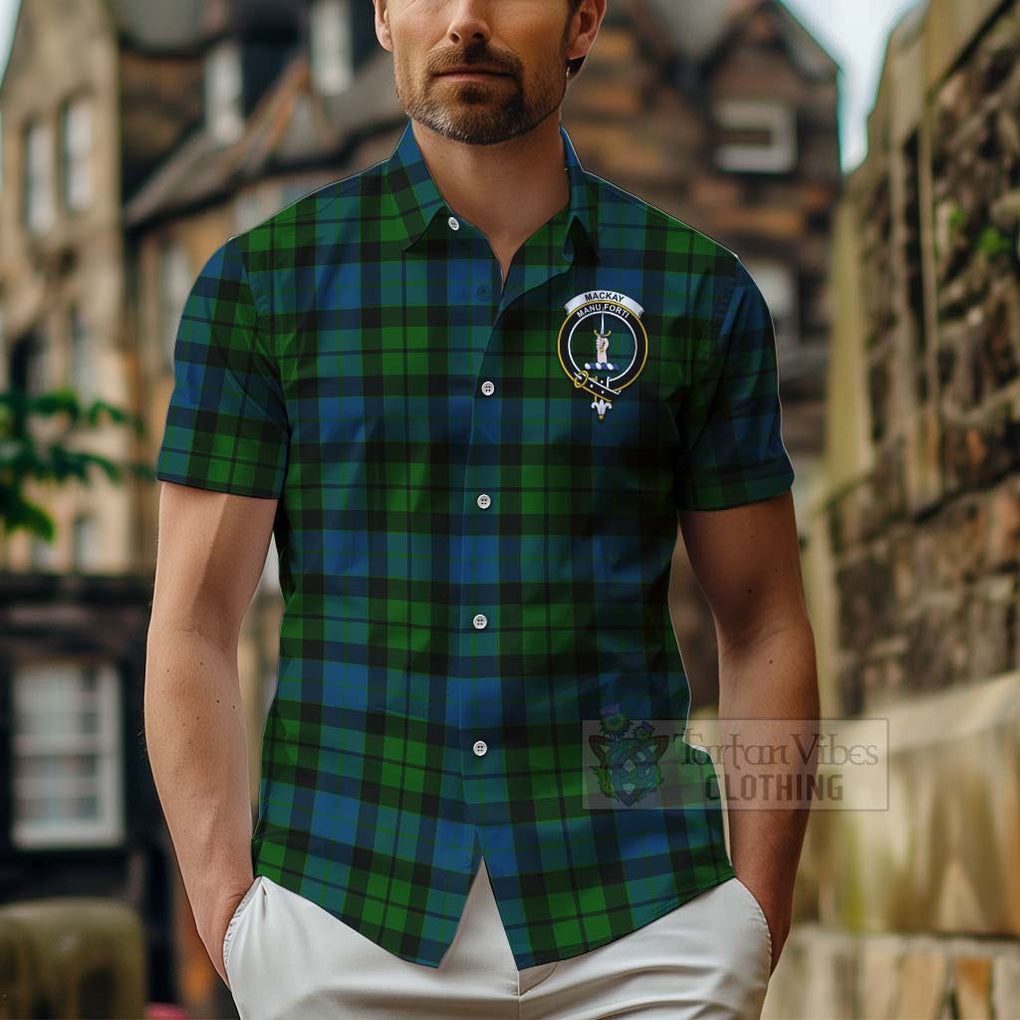 Tartan Vibes Clothing MacKay (McKay) Tartan Short Sleeve Button Shirt with Family Crest and Bearded Skull Holding Bottles of Whiskey