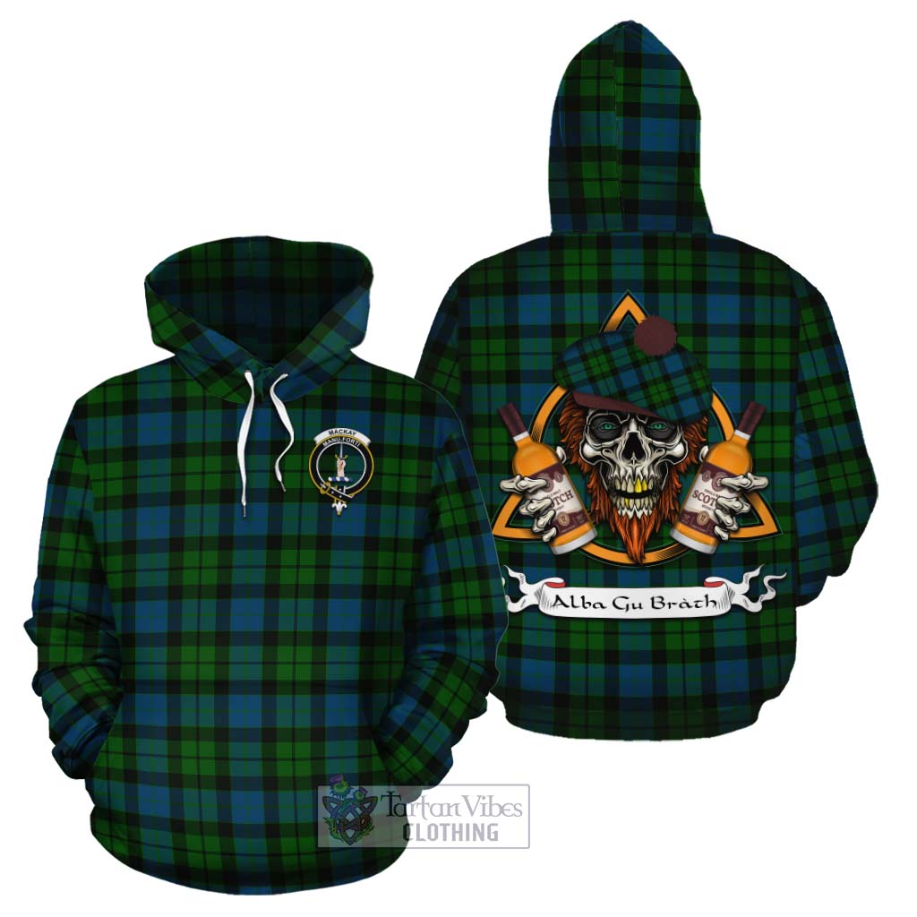 Tartan Vibes Clothing MacKay (McKay) Tartan Cotton Hoodie with Family Crest and Bearded Skull Holding Bottles of Whiskey