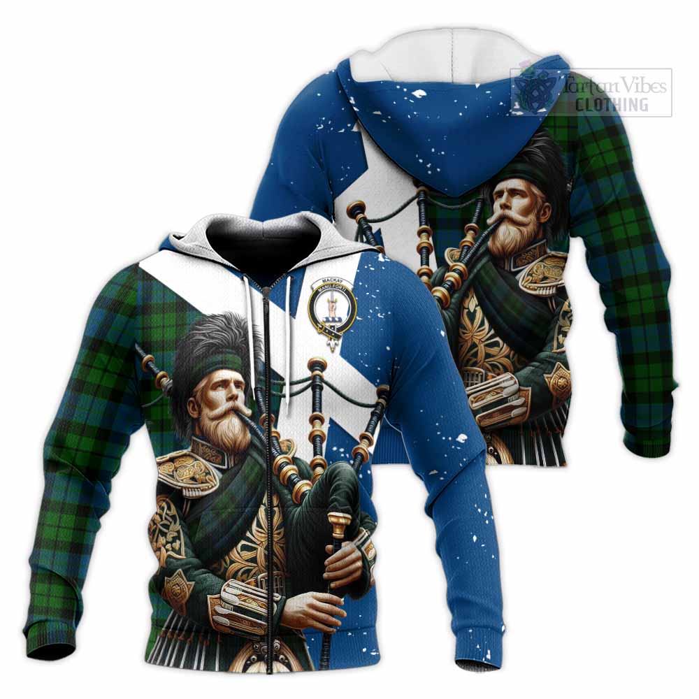 Tartan Vibes Clothing MacKay (McKay) Tartan Knitted Hoodie with Family Crest Scottish Bagpiper Vibes