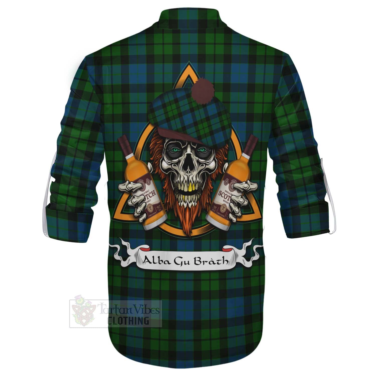 Tartan Vibes Clothing MacKay (McKay) Tartan Ghillie Kilt Shirt with Family Crest and Bearded Skull Holding Bottles of Whiskey