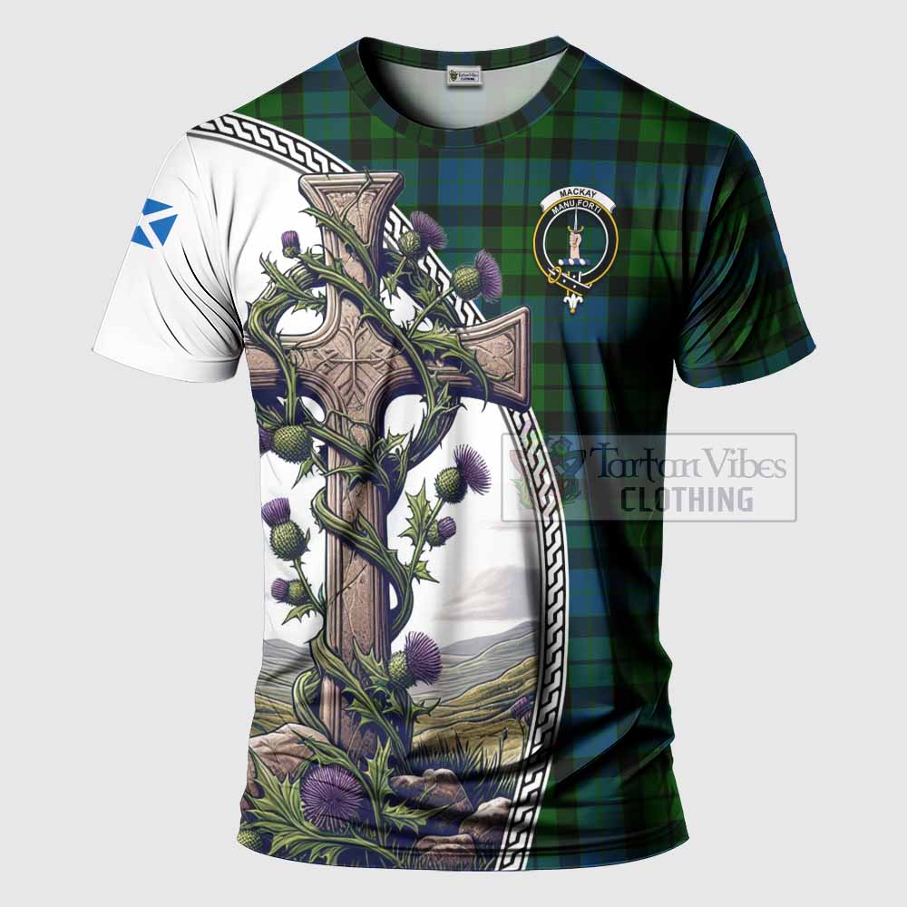 Tartan Vibes Clothing MacKay (McKay) Agnew Tartan T-Shirt with Family Crest and St. Andrew's Cross Accented by Thistle Vines