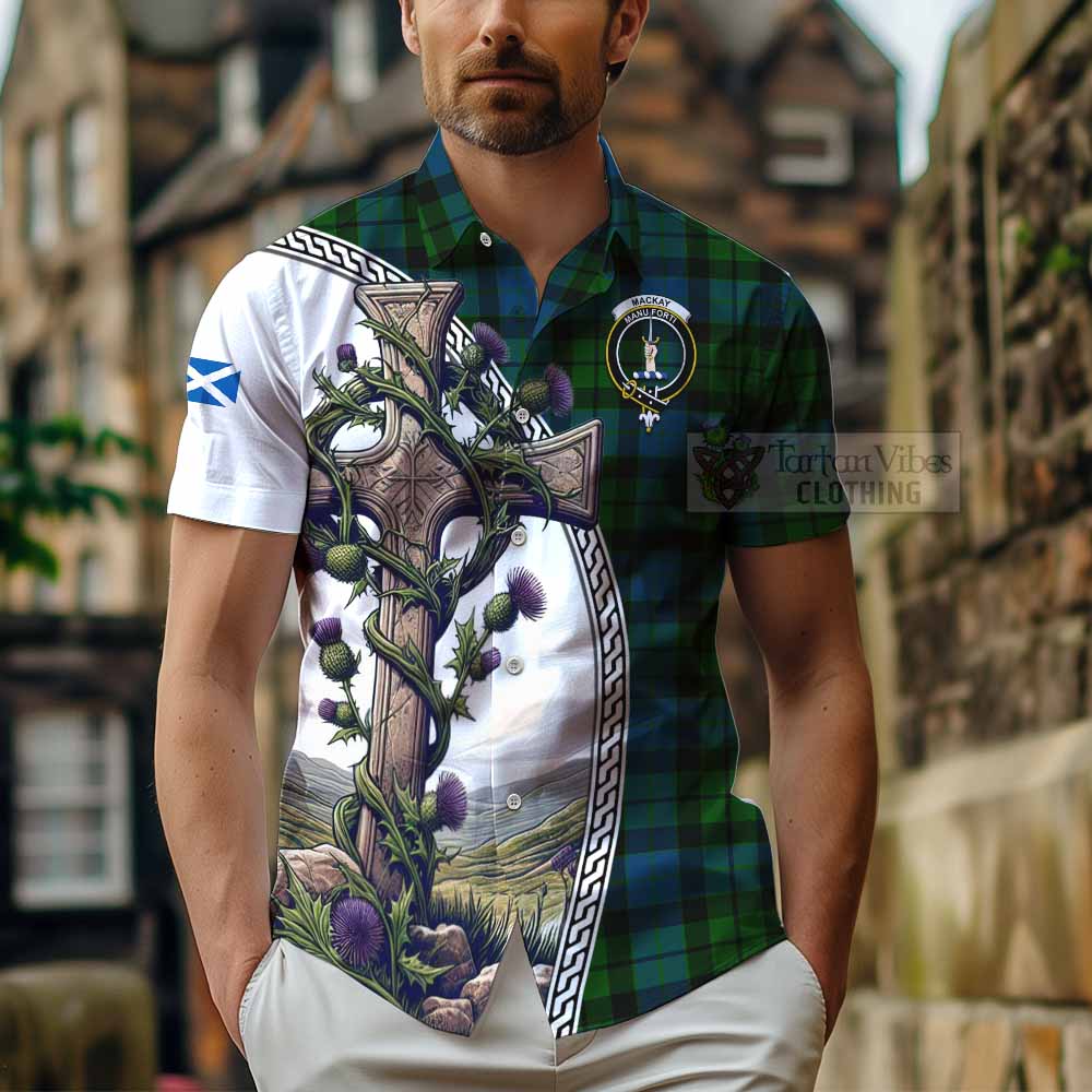 Tartan Vibes Clothing MacKay (McKay) Tartan Short Sleeve Button Shirt with Family Crest and St. Andrew's Cross Accented by Thistle Vines