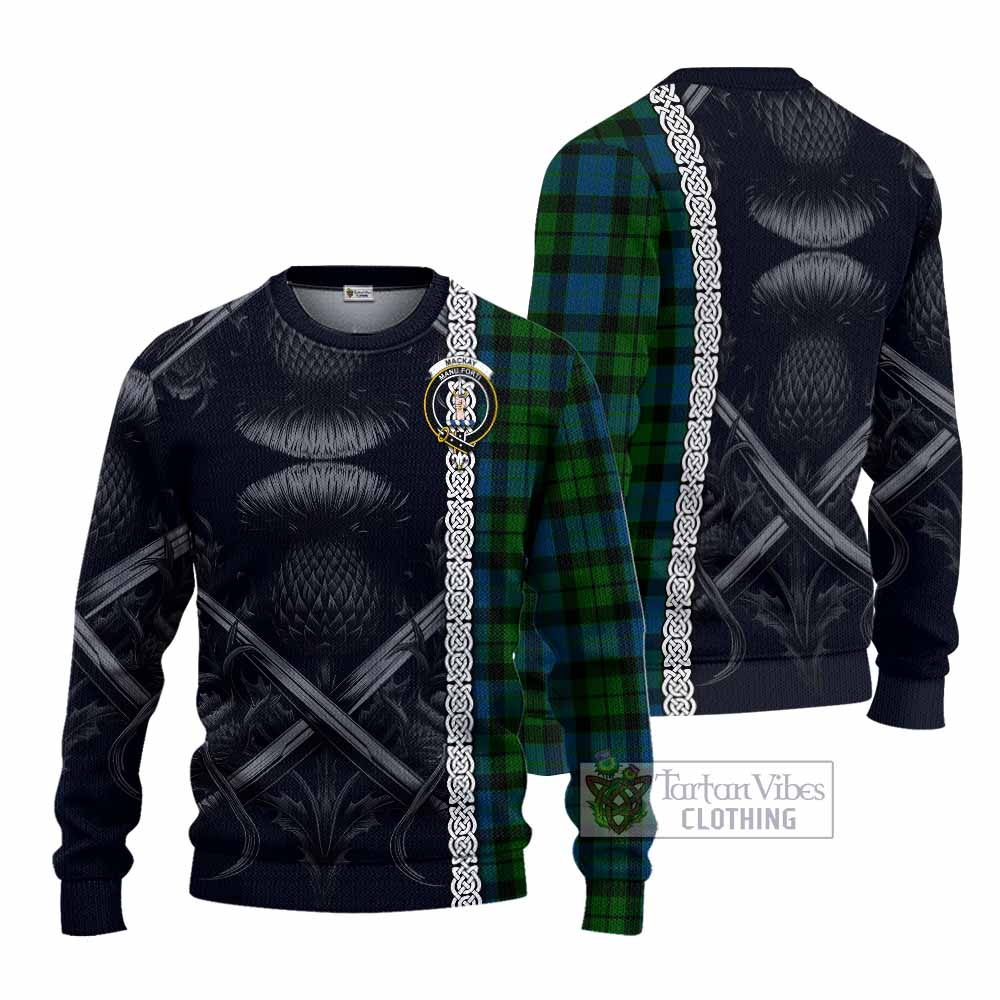 Tartan Vibes Clothing MacKay (McKay) Tartan Knitted Sweater with Family Crest Cross Sword Thistle Celtic Vibes