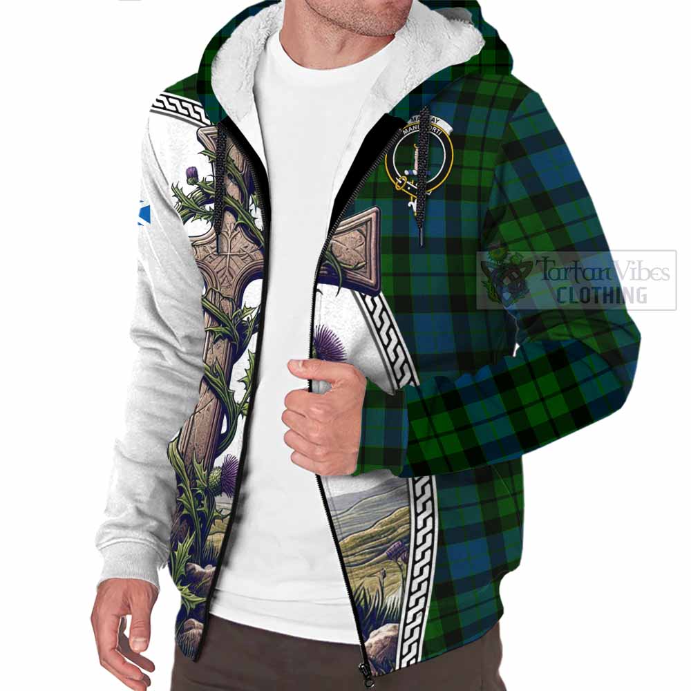 Tartan Vibes Clothing MacKay (McKay) Tartan Sherpa Hoodie with Family Crest and St. Andrew's Cross Accented by Thistle Vines