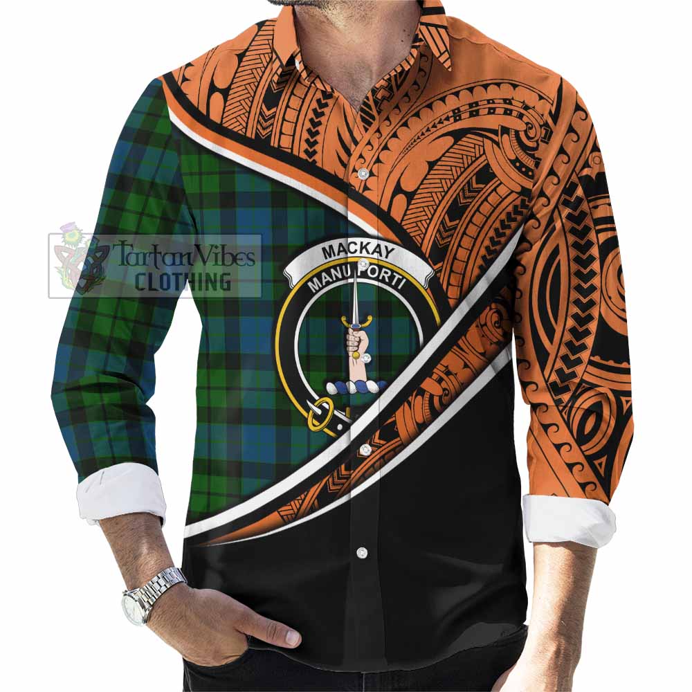 Tartan Vibes Clothing MacKay (McKay) Crest Tartan Long Sleeve Button Shirt with Maori Tattoo Style - Orange Version